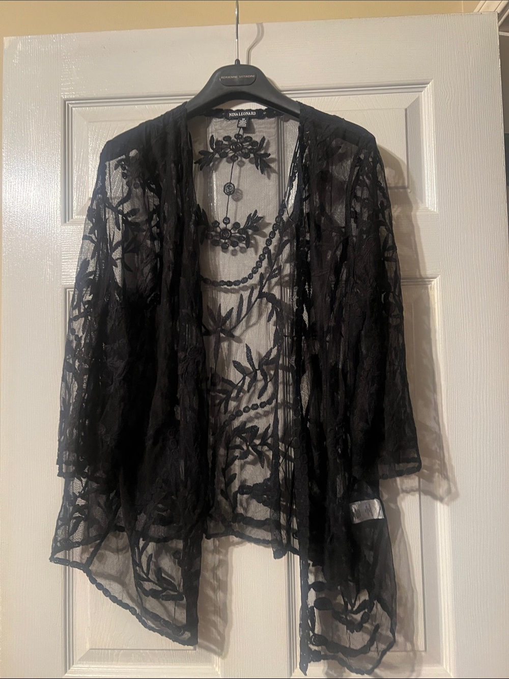 Nina Leonard Black Sheer Embroidered Open-Front Jacket